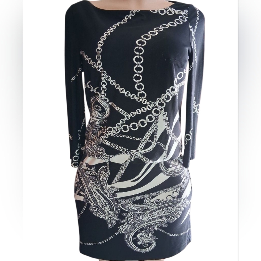 White House Black Market Chain Print Long Sleeve Dress